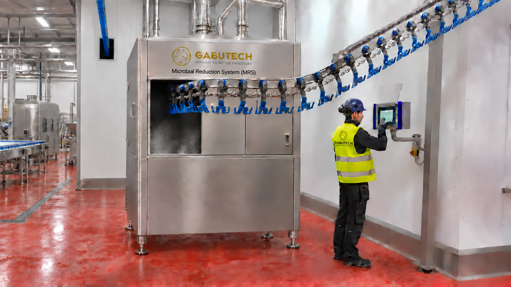 GabuTech MRS equipment installed in a poultry processing line with an operator at the HMI